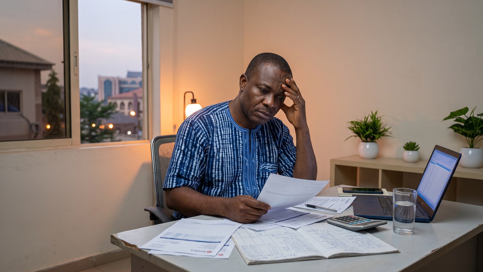 A Nigerian business owner reviewing accounts at a shop counter in Abuja in the early evening