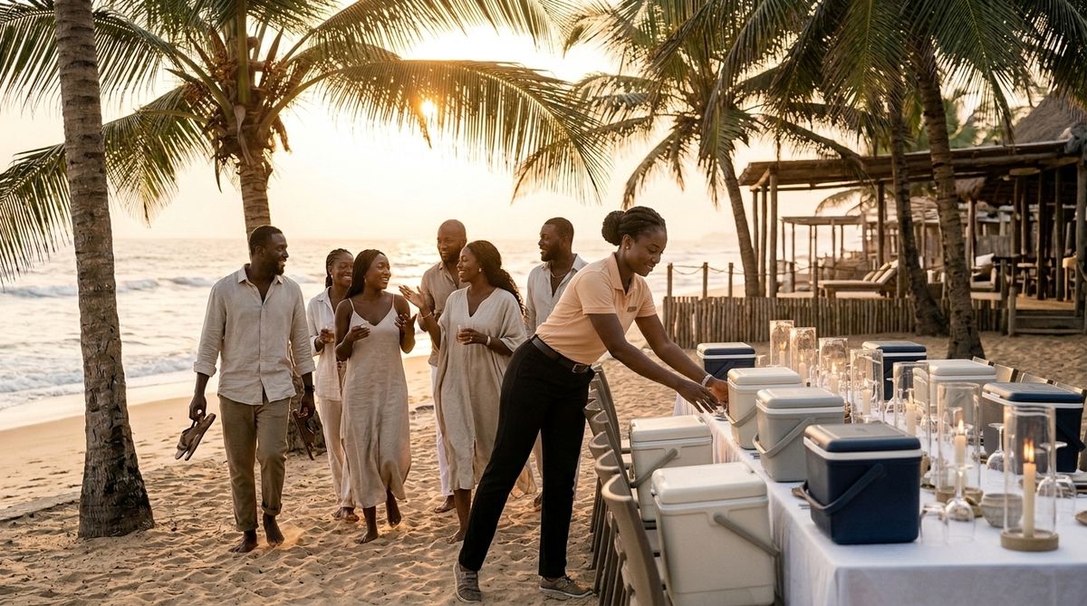 Staff on a palm-lined beach at sunset, with a long dinner table being set beside a beach resort.