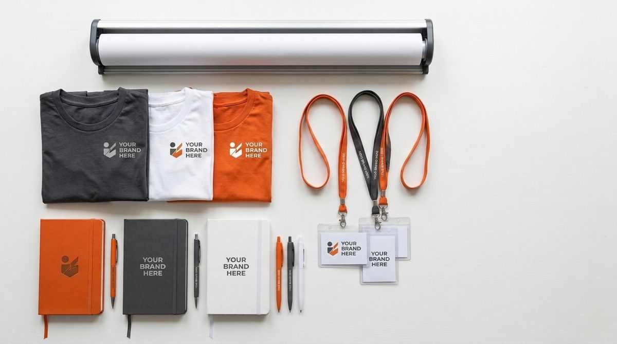 Branded retreat items laid out together: a roll-up banner, T-shirts, lanyards, name tags and notebooks in orange, white and dark grey.