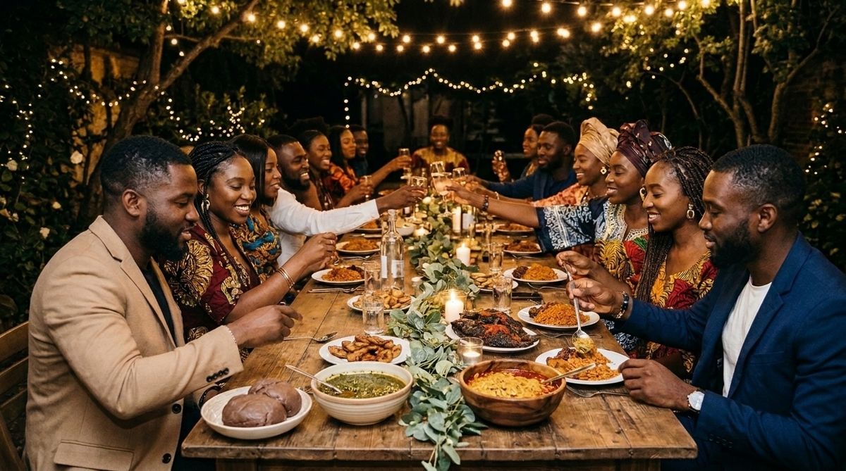 A team sharing a closing dinner at a long table under string lights, raising a toast together.