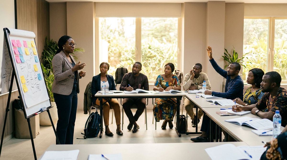 A facilitator leading a workshop at a flipchart while staff seated around a table take part and one raises a hand.