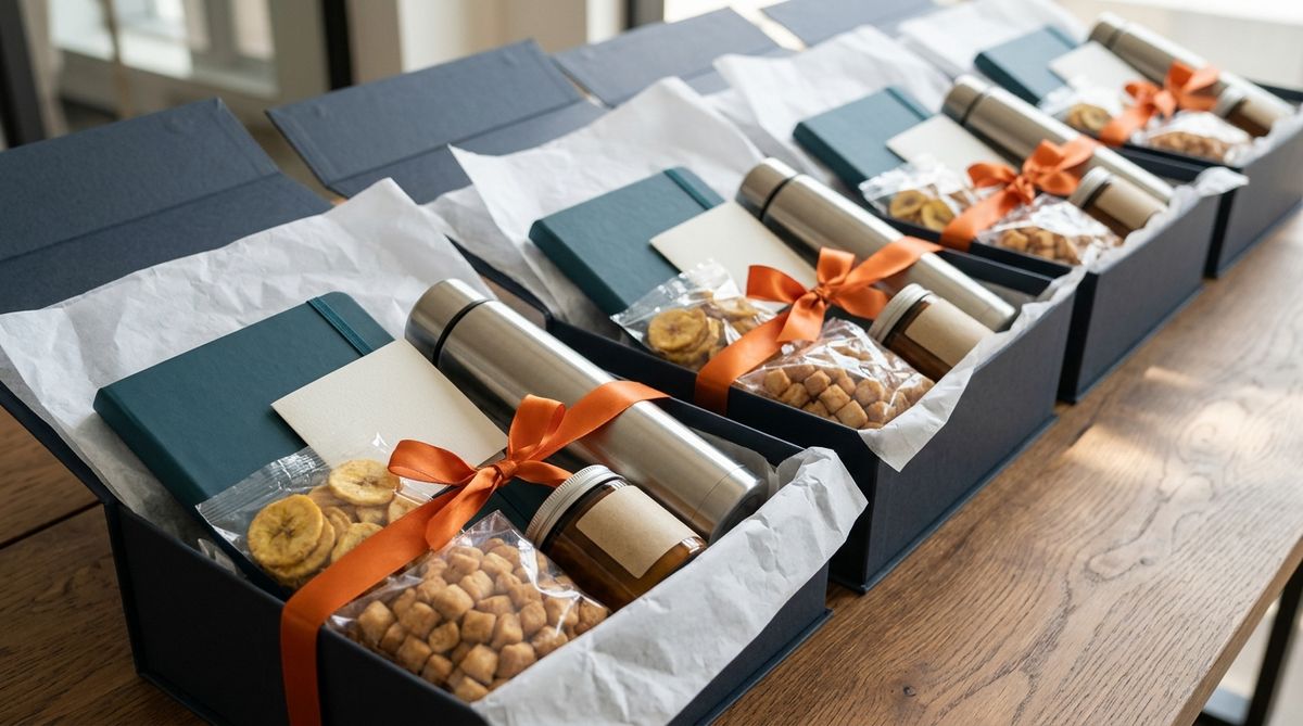Rows of open gift boxes holding notebooks, flasks and snacks tied with orange ribbon.