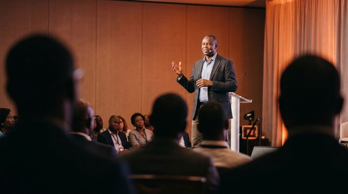 A keynote speaker addressing a seated audience in a warmly lit hall.