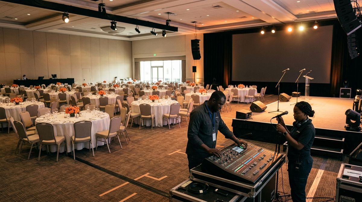 A technician testing the sound desk in a large conference hall with round tables set for a corporate retreat.