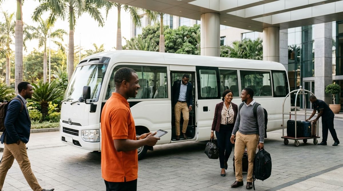 A branded coach and a Traction Outsourcing coordinator welcoming arriving staff and handling their luggage at a hotel entrance.