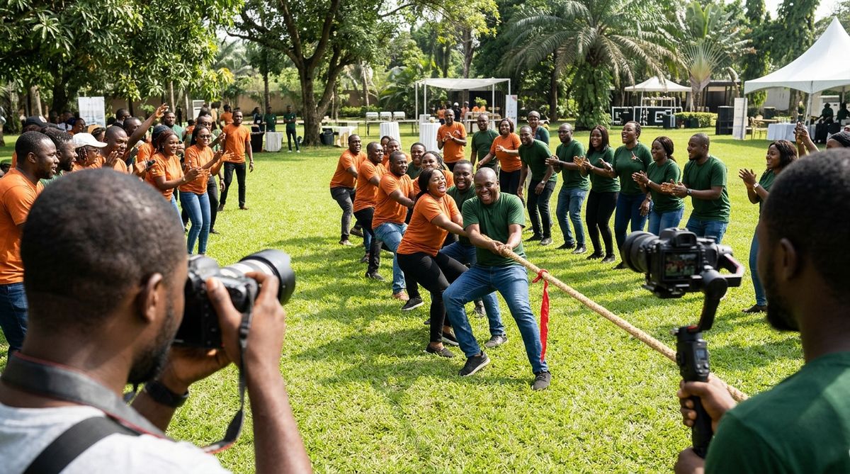 A videographer filming a staff tug-of-war game on a lawn at a retreat, with team members in orange and green shirts.