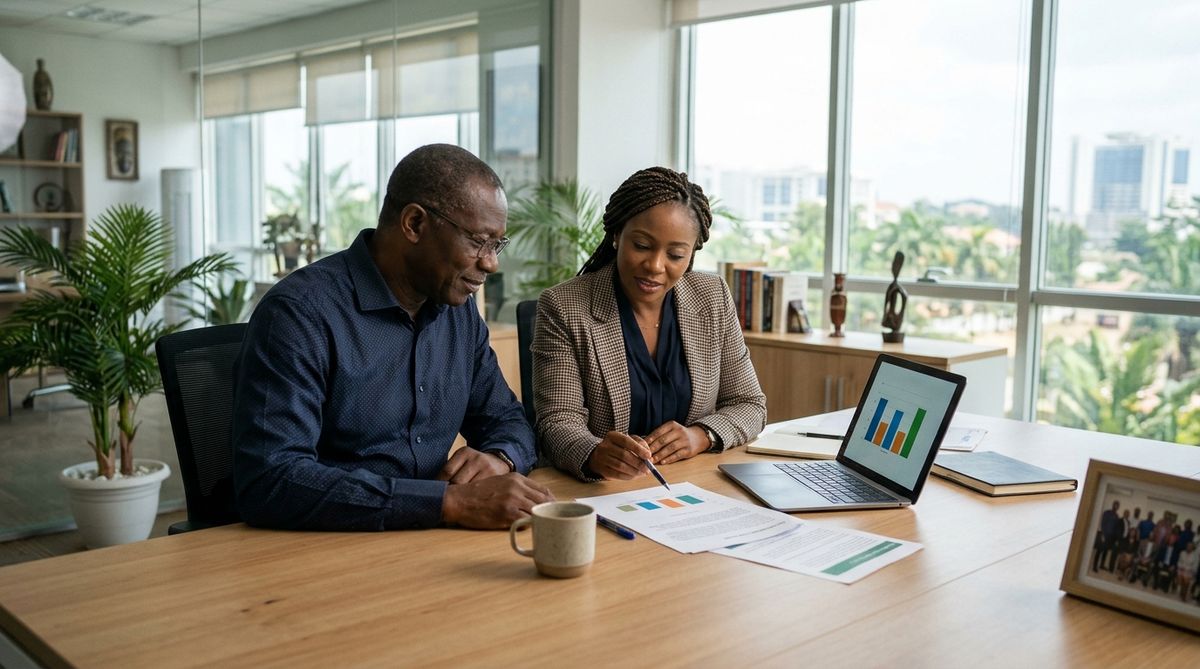 Two company leaders reviewing charts and a report on a laptop at a table by a window.
