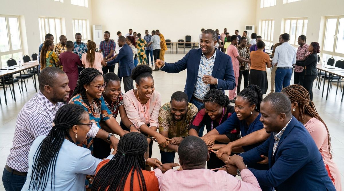 A large group of staff in a hall joining hands in a team exercise led by a facilitator.
