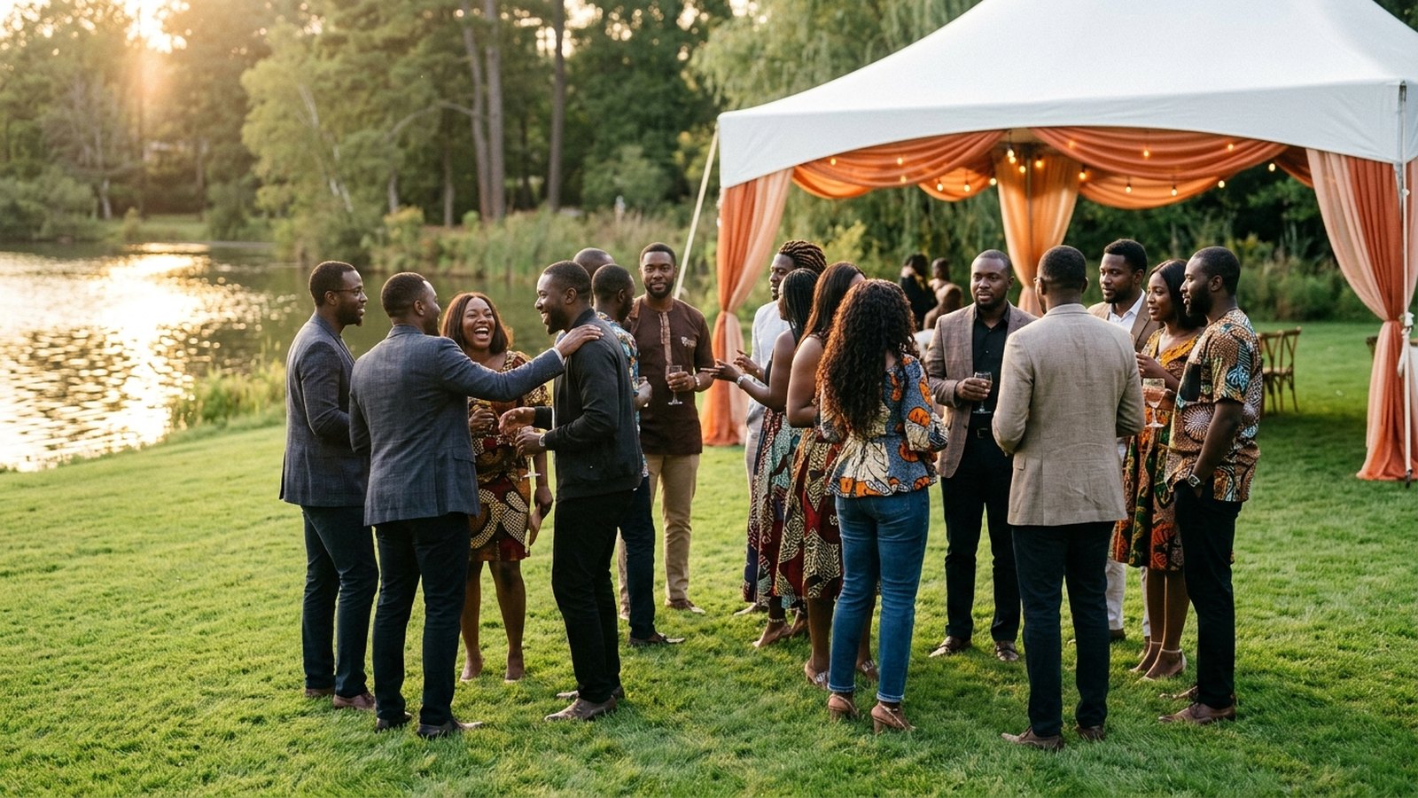 A Nigerian corporate team relaxing together at a lakeside retreat venue at sunset