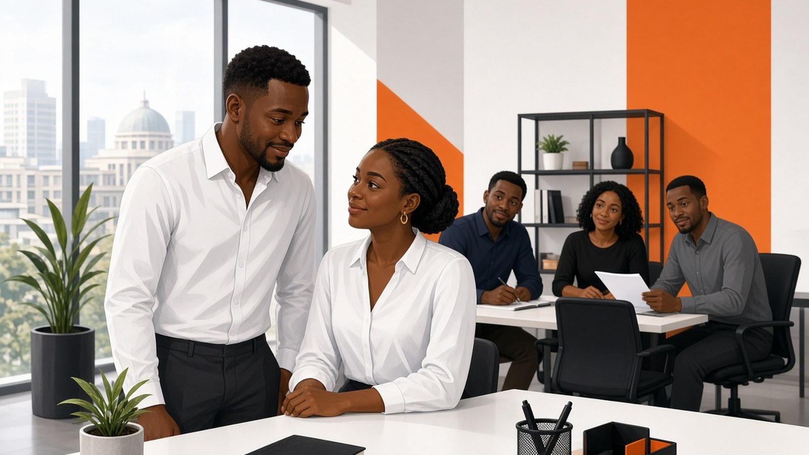 A male manager leans toward a seated female colleague at a desk in a bright Abuja-style office while three coworkers work at a table behind them.