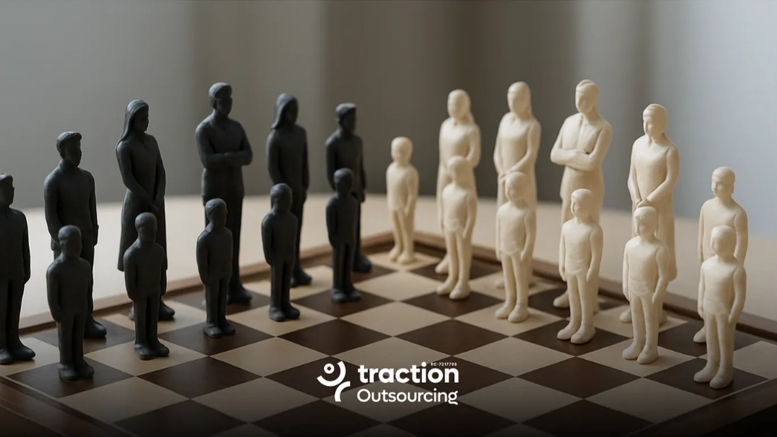 Two facing rows of black and cream figurines, adults and children, stand on a chessboard like opposing chess pieces, with the Traction Outsourcing logo centered below them.
