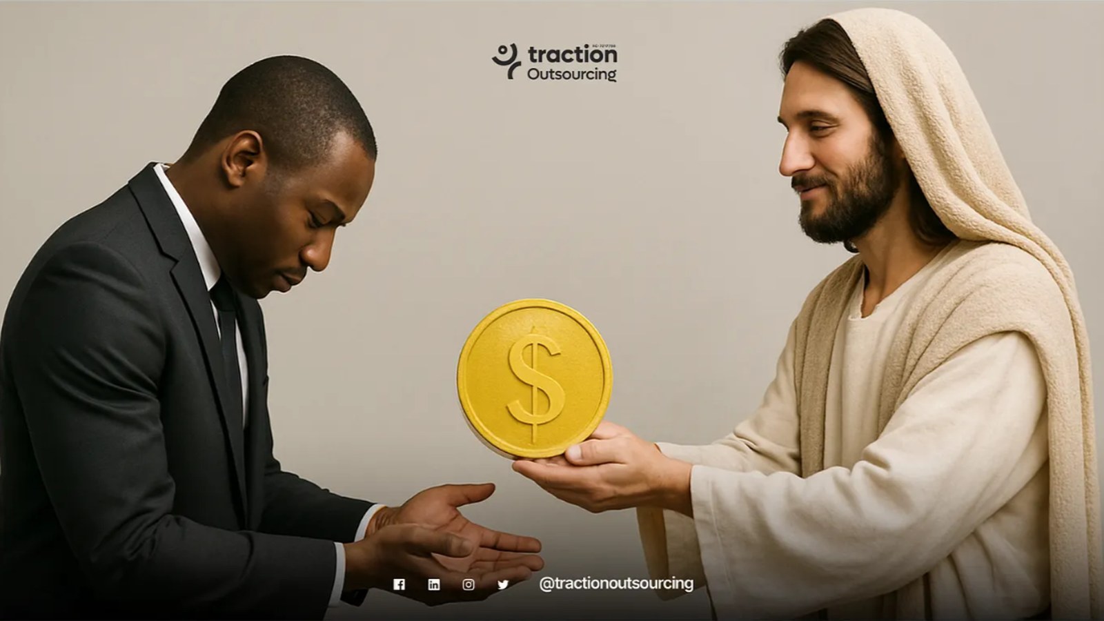 A businessman receives a large gold coin from a robed figure, illustrating the Biblical parable of the talents, beside the Traction Outsourcing logo.
