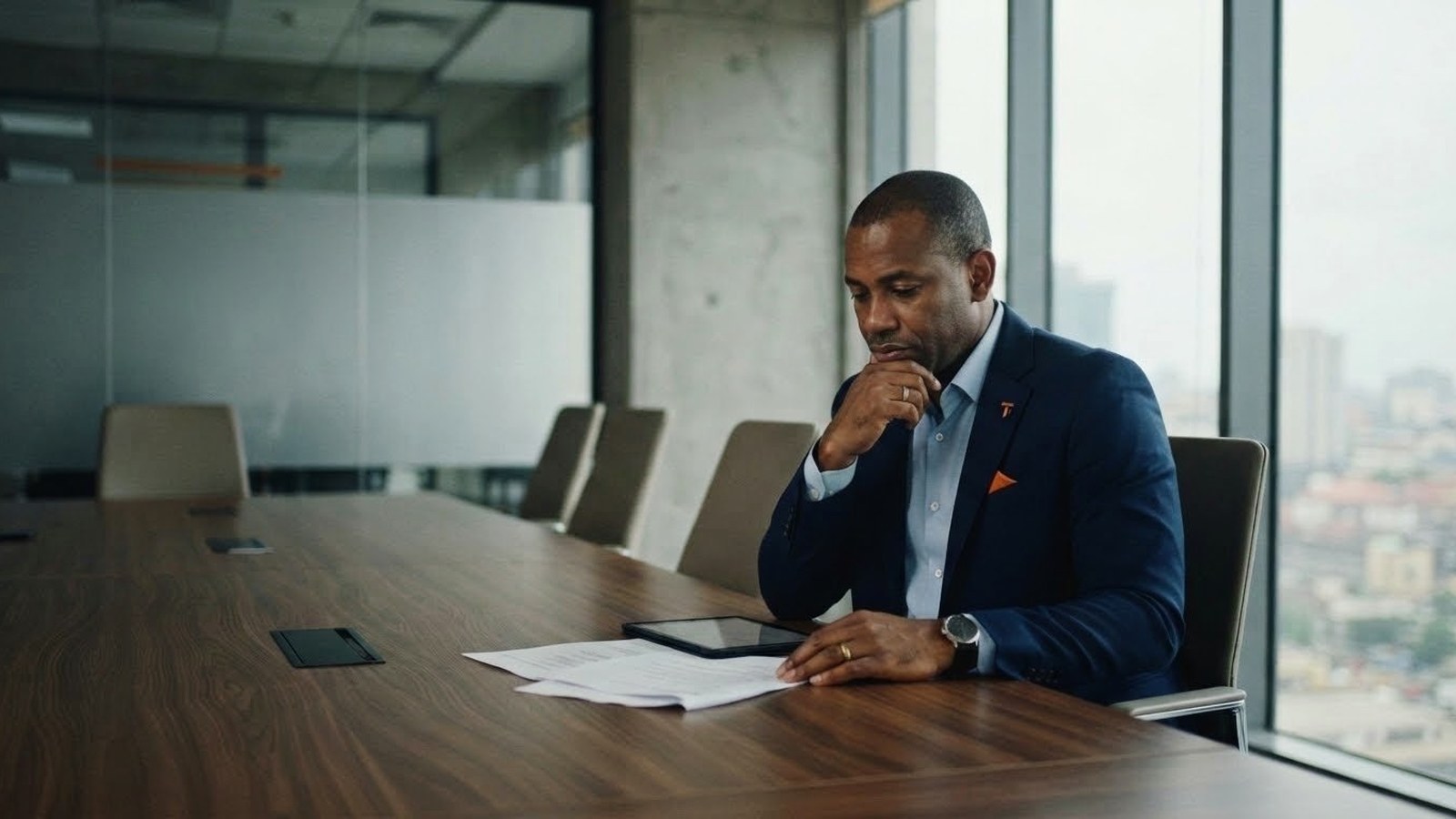 A businessman in a navy suit sits alone at a long boardroom table, reviewing papers and a tablet, with floor-to-ceiling windows showing a city skyline behind him.