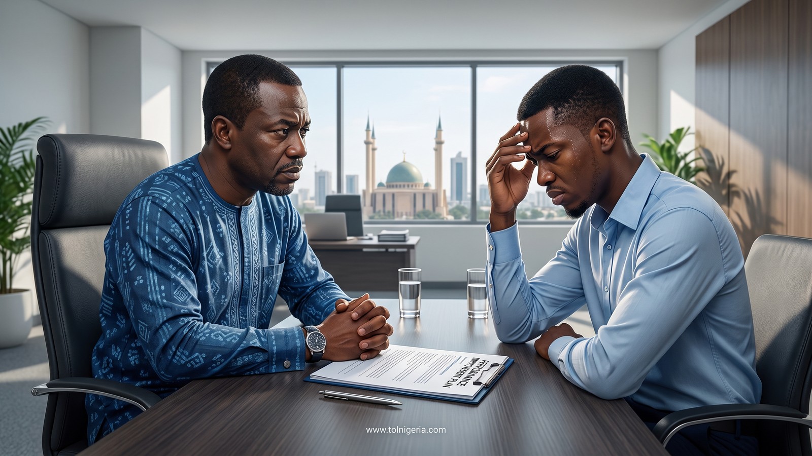 A Nigerian manager sitting across a desk from a staff member during a difficult performance conversation in an Abuja office
