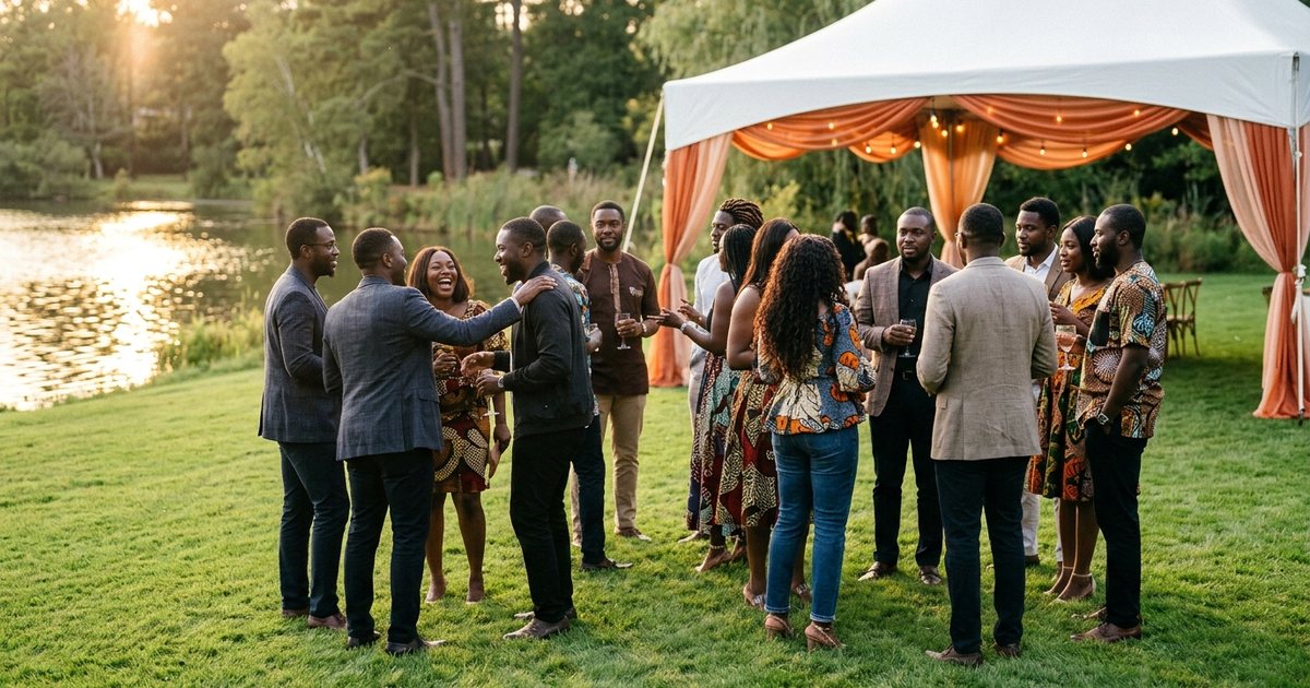 A Nigerian corporate team relaxing together at a lakeside retreat venue at sunset
