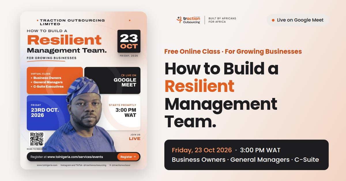 Poster for the free live class on building a resilient management team for growing businesses, 23 October 2026, 3:00 PM on Google Meet.