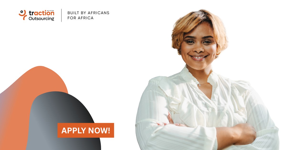 Smiling woman in a white blouse with arms crossed beside the Traction Outsourcing logo and an Apply Now button, for the Business Strategy Officer job
