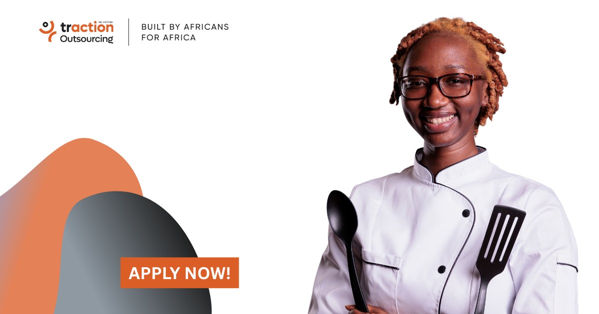 Smiling chef in a white jacket holding a ladle and spatula beside the Traction Outsourcing logo and an Apply Now button, for the Chef job