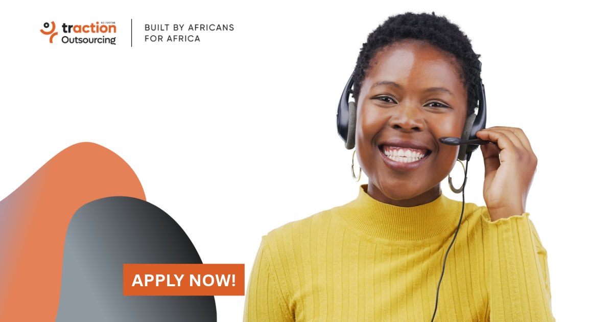 Smiling woman in a yellow turtleneck wearing a headset beside the Traction Outsourcing logo and an Apply Now button, for the Customer Service job