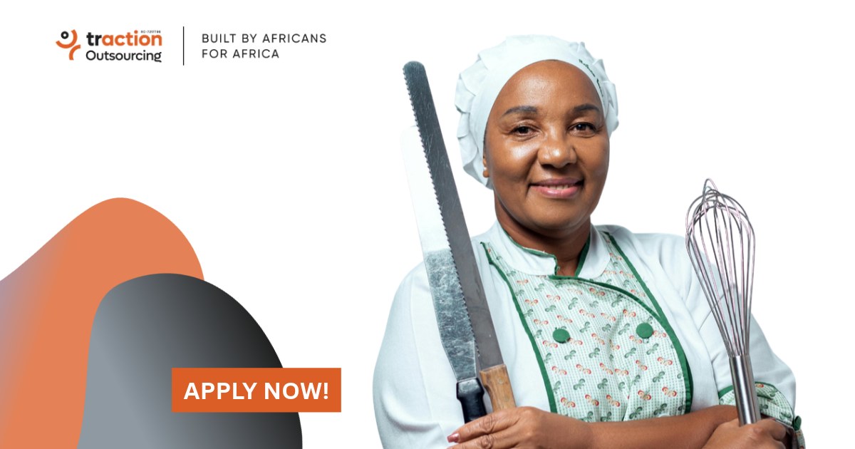 Smiling pastry chef in a white chef's hat and apron holding a bread knife and a whisk beside the Traction Outsourcing logo and an Apply Now button, for the Pastry Chef (Assistant) job