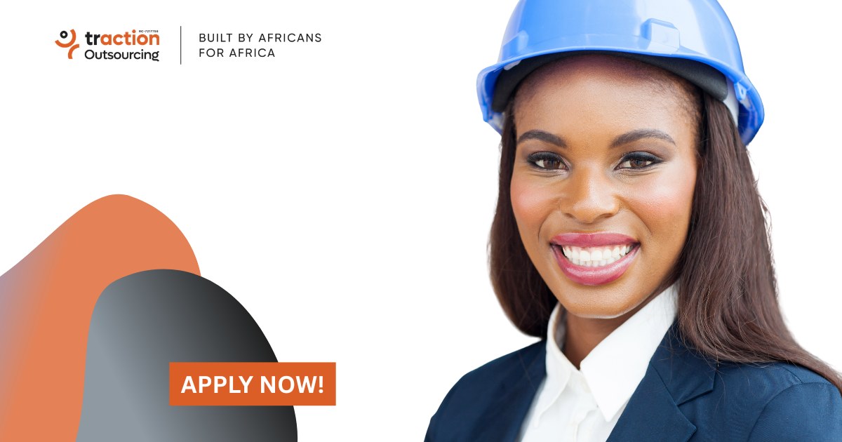 Smiling woman in a blue hard hat and blazer beside the Traction Outsourcing logo and an Apply Now button, for the Real Estate Sales Manager job