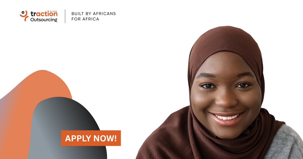 Smiling woman in a brown hijab and grey top beside the Traction Outsourcing logo and an Apply Now button, for the Sales Assistant job