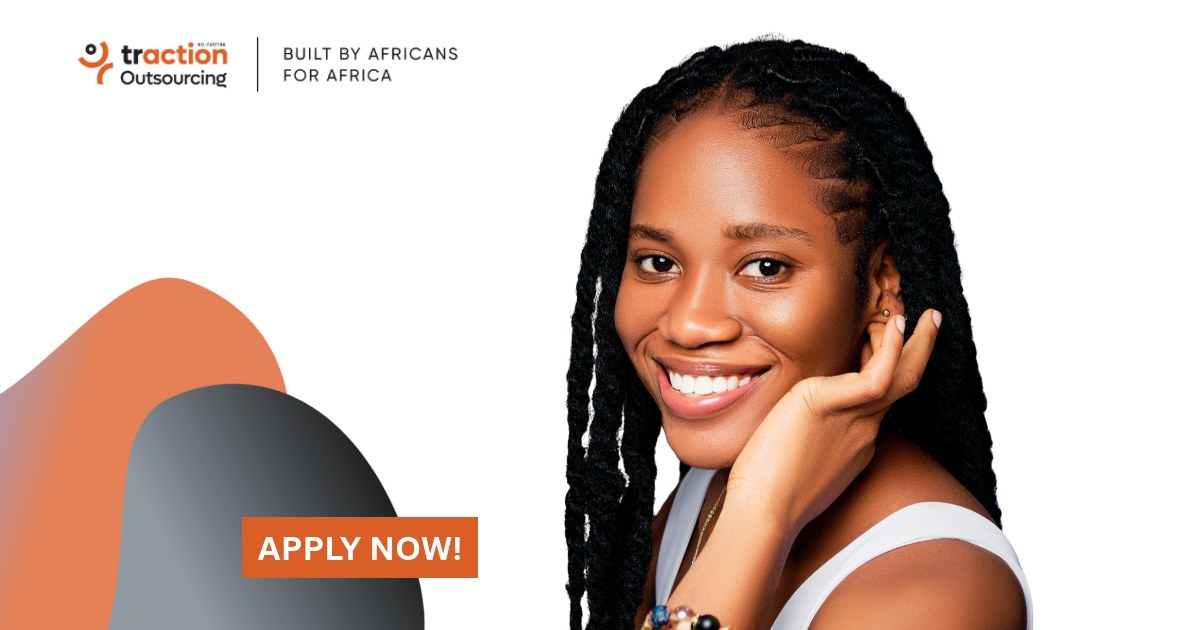 Smiling woman with long black braids resting her chin on her hand beside the Traction Outsourcing logo and an Apply Now button, for the Salon Manager job