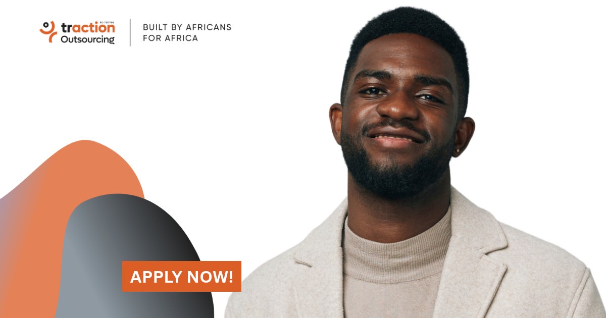 Smiling bearded man in a beige coat and turtleneck beside the Traction Outsourcing logo and an Apply Now button, for the Social Media Manager job