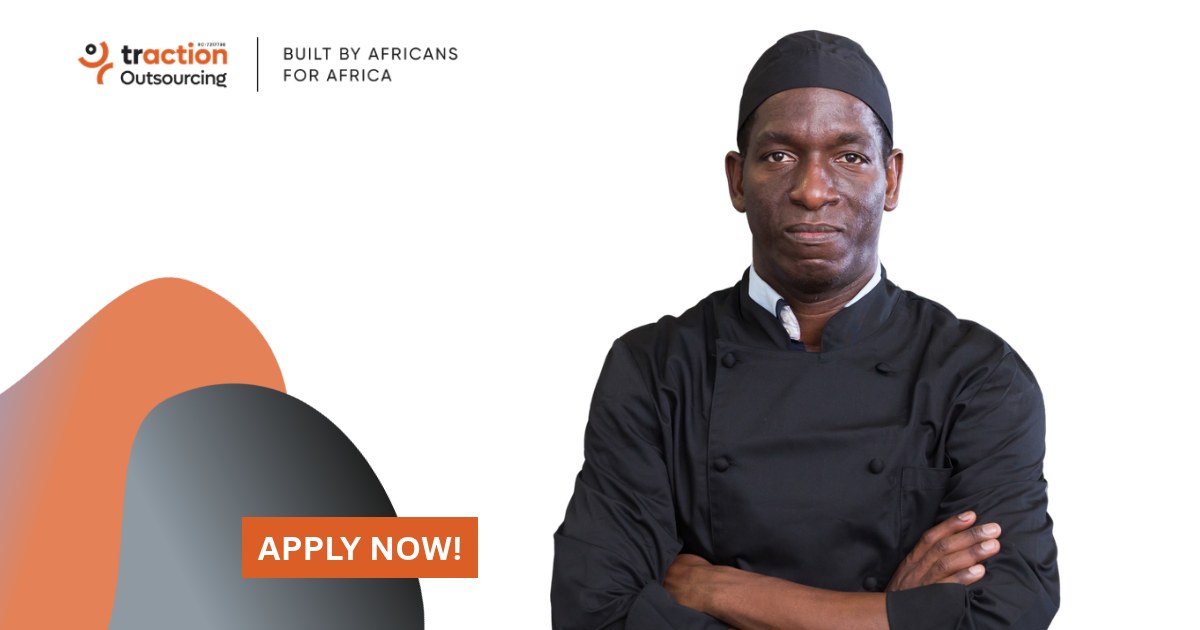Chef in a black chef's jacket and cap with arms crossed beside the Traction Outsourcing logo and an Apply Now button, for the Sous Chef job