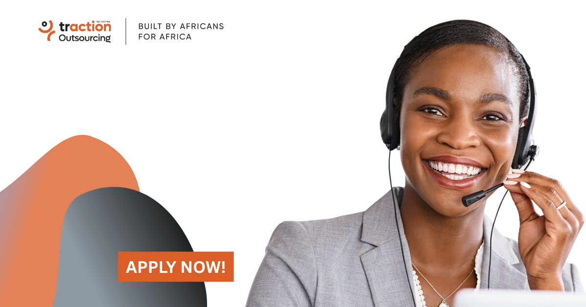 Smiling woman wearing a headset beside the Traction Outsourcing logo and an Apply Now button, for the Tech Sales Closer job