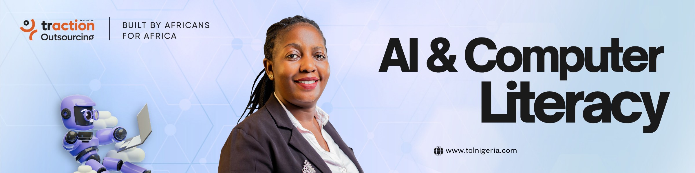 Traction Outsourcing banner for AI & Computer Literacy training, with a woman in a blazer beside a friendly robot
