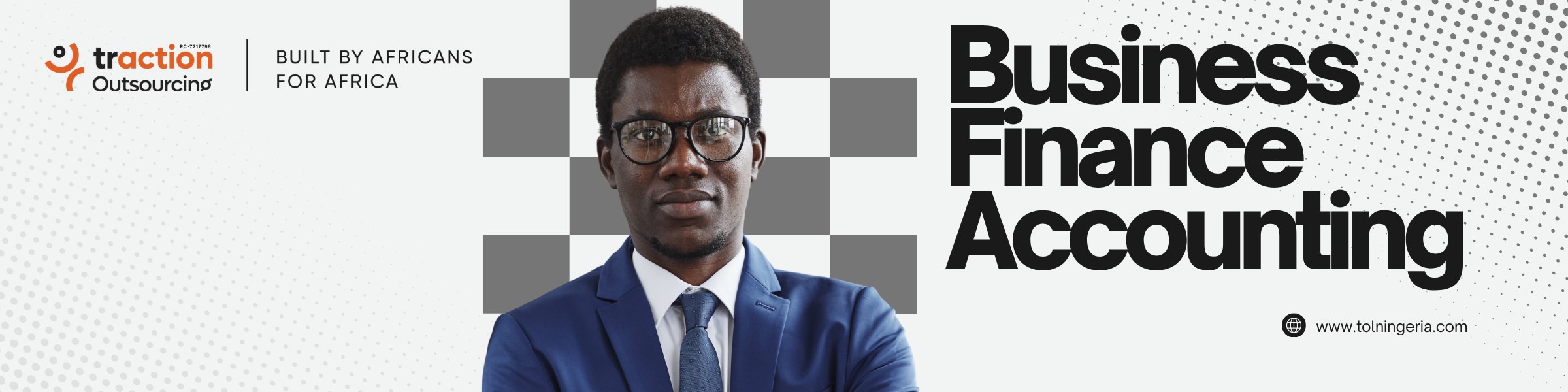 Traction Outsourcing banner for Business Finance & Accounting training, with a man in a suit and glasses