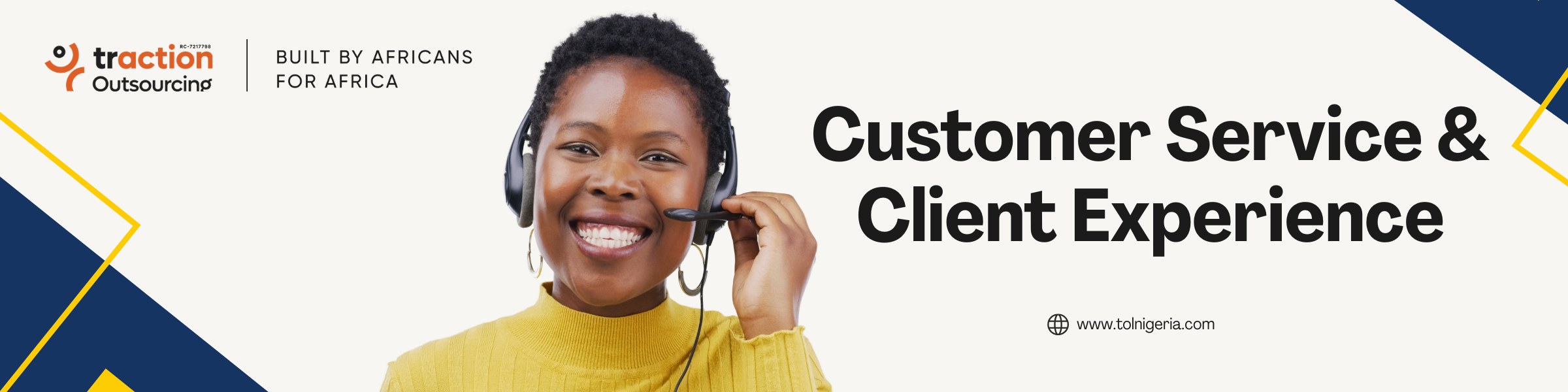 Traction Outsourcing banner for Customer Service & Client Experience training, with a smiling woman wearing a headset